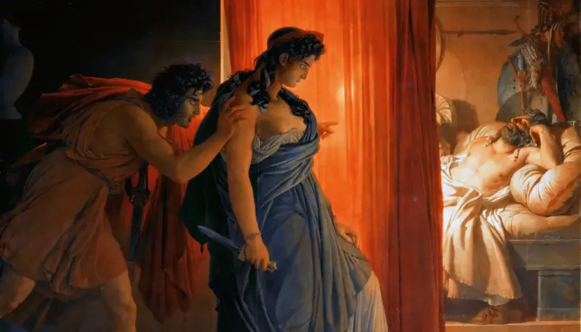Judith z mieczem i Holofernes śpiący. Obraz ukazuje przyczyny dekonstrukcji mitu bohatera w literaturze postmodernistycznej, gdzie słabość i zdrada zastępują siłę.