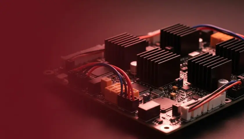 Elektronika z radiatorami i przewodami. System BMS zarządza energią.