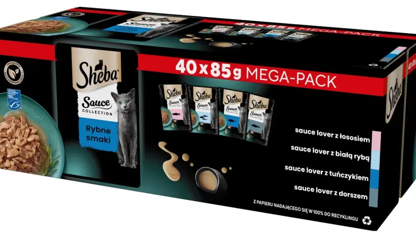 Opakowanie karmy Sheba Sauce Collection z rybnymi smakami, w tym łosoś, biała ryba, tuńczyk i dorsz. Czy Sheba to dobra karma? Ten mega-pack sugeruje, że tak!