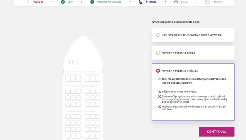 W Wizzair można wybrać miejsca później, ale zostaną przydzielone losowo.