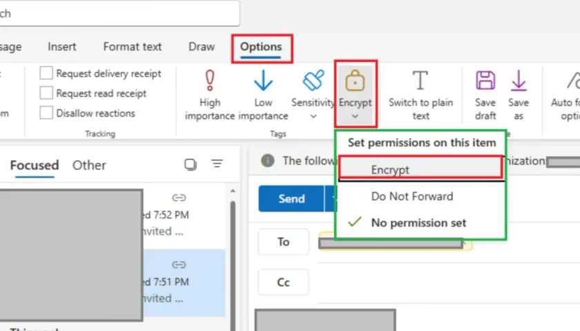 Menu Options d'Outlook, avec l'option "Encrypt" sélectionnée pour la protection des mails.