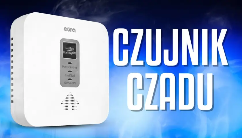 Biały czujnik czadu z wyświetlaczem i przyciskami. Tekst "CZUJNIK CZADU" sugeruje, jak wyłączyć czujnik czadu.