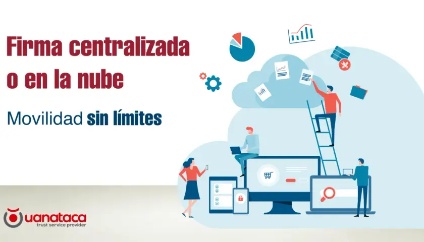 Ilustración de "Firma centralizada o en la nube" con personas interactuando con dispositivos y datos en un entorno digital.
