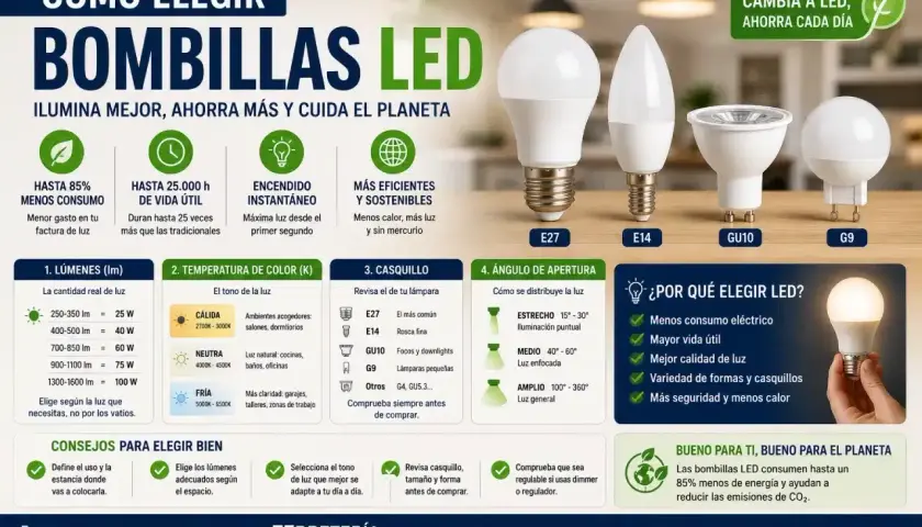 Guía para elegir bombillas LED: potencia, lúmenes, temperatura de color y casquillos. Ahorra energía y cuida el planeta.