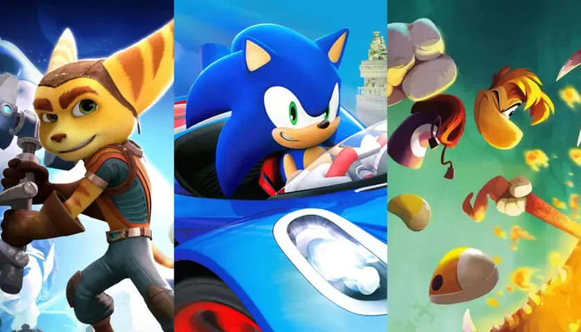 Ratchet, Sonic i Rayman - bohaterowie najlepszych gier na PS3, gotowi do akcji i wyścigów.