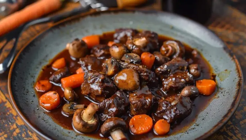 Un plat de boeuf bourguignon cookeo, mijoté avec des champignons et des carottes, servi dans une assiette grise.