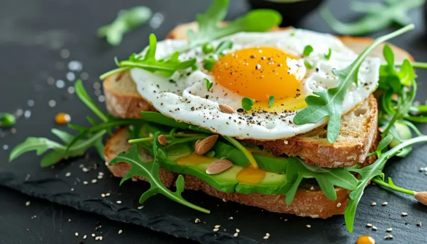 Pyszny pomysł na śniadanie: tost z awokado, rukolą i jajkiem sadzonym. Idealny start dnia!