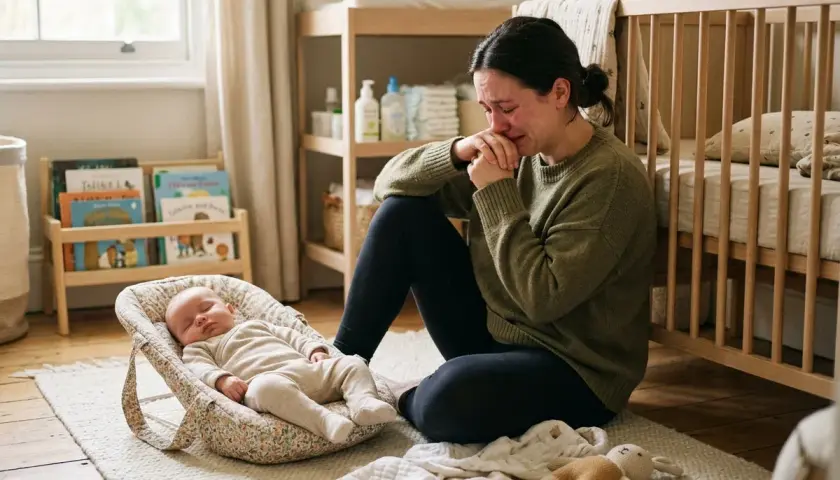 En kvinna gråter bredvid sin sovande bebis, en bild av baby blues.