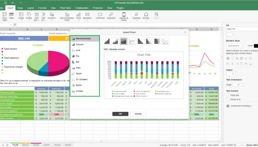 Grafico Excel con dati finanziari mensili e totali. La finestra "Inserisci grafico" mostra opzioni per creare grafici, inclusi grafici a barre impilate.