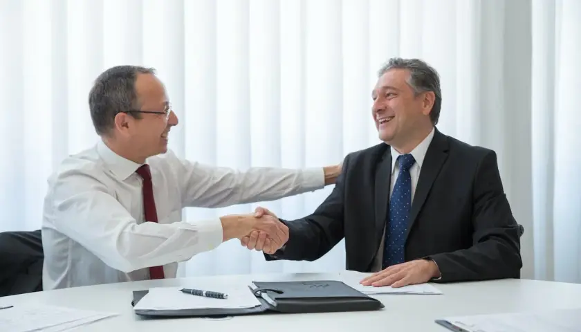 Dwóch biznesmenów uśmiecha się, ściskając dłonie. Uproszczony leasing stał się faktem, co widać po ich zadowoleniu.