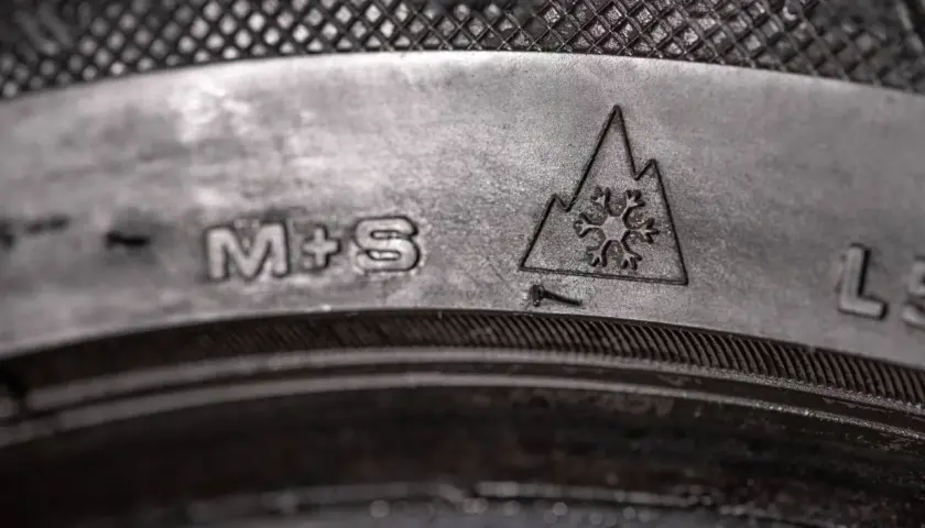 Neumáticos M+S: ¡listos para barro y nieve! Símbolo de copo de nieve en montaña indica su capacidad invernal.