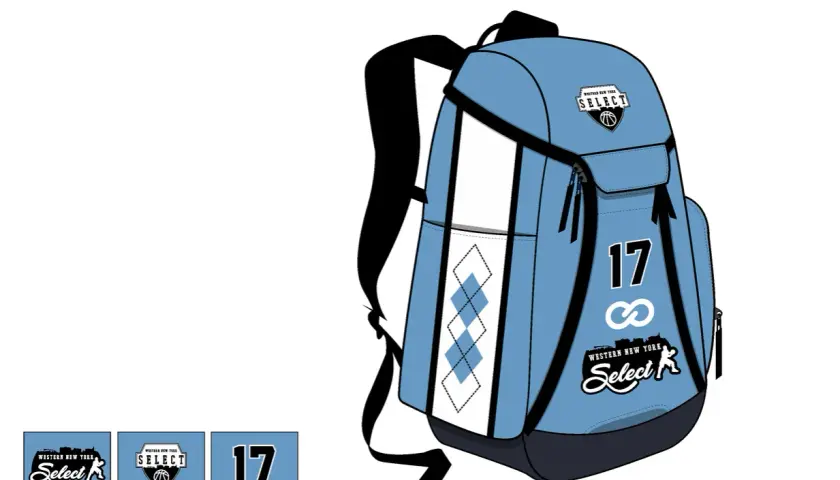 Niebieski plecak do koszykówki z logo "Western New York Select" i numerem 17. Idealny dla każdego fana basketu.