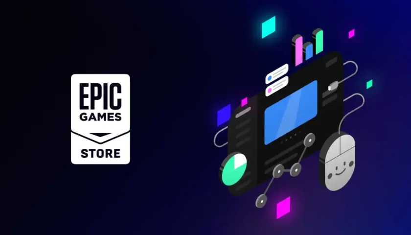 Logo Epic Games Store obok stylizowanej grafiki komputera z myszką. Sprawdź epic games darmowe gry lista!