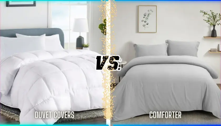 A white duvet cover with a quilted comforter vs. a gray comforter. What's the difference between a comforter and a blanket?