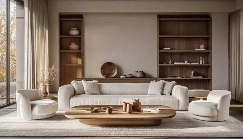 Ein Wohnzimmer in warmen **Farben** wie **Taupe** und Beige. Ein bequemes Sofa, zwei Sessel und ein Holztisch laden zum Entspannen ein.