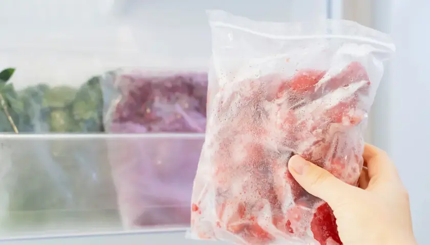Ręka wyjmuje z zamrażarki worek z mrożonymi owocami. Czy jogurt można mrozić? Tak, ale najlepiej w małych porcjach.