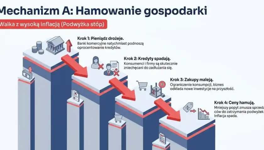 Mechanizm hamowania gospodarki: podwyżka stóp procentowych, czyli stopa lombardowa, prowadzi do droższego pieniądza, spadku kredytów, mniejszych zakupów i hamowania cen.