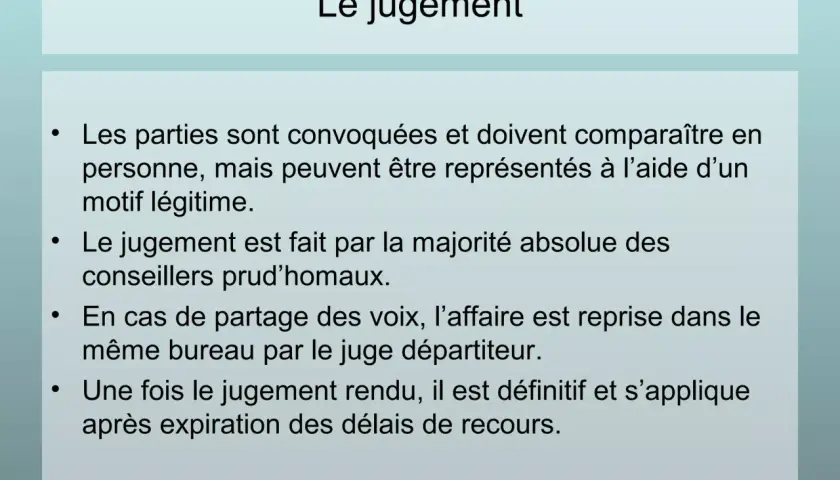 Diapositive sur "Le jugement", expliquant le rôle du juge départiteur en cas de partage des voix.