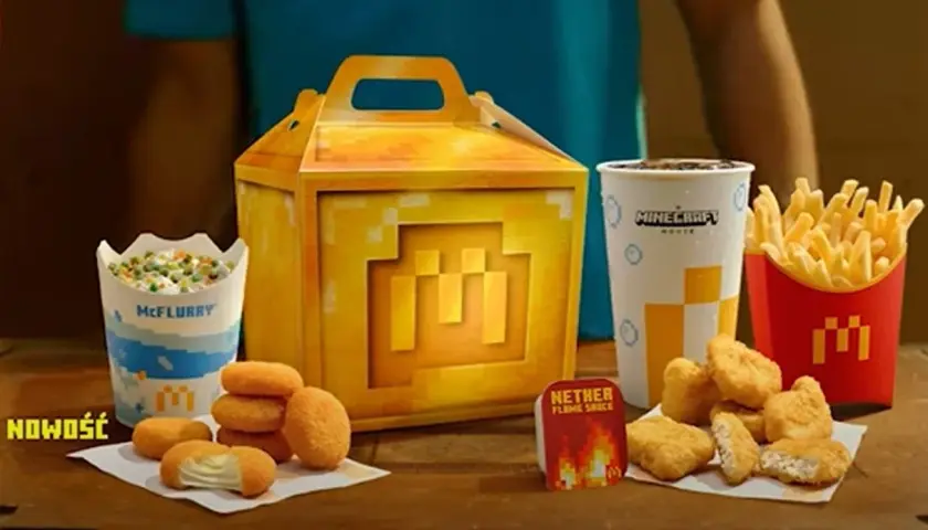 Minecraftowe menu z McNuggetsami, McFlurry i napojem. Zestaw zawiera też porcję frytek, dzięki czemu dowiesz się, ile kosztują średnie frytki w McDonald's.