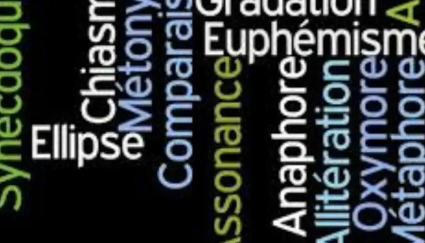Un collage de mots illustrant des figures de style : ellipse, chiasme, métaphore, gradation, euphémisme, anaphore, allitération, oxymore.