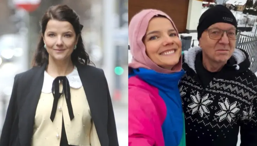 Marta Konarska z rodzicami w zimowej scenerii i eleganckiej stylizacji.