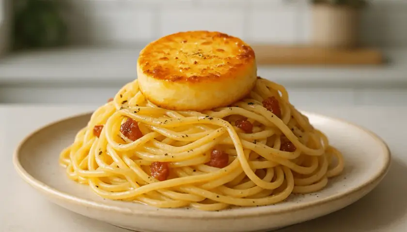 Porcja spaghetti carbonara z okrągłym, podsmażonym serem na wierzchu.