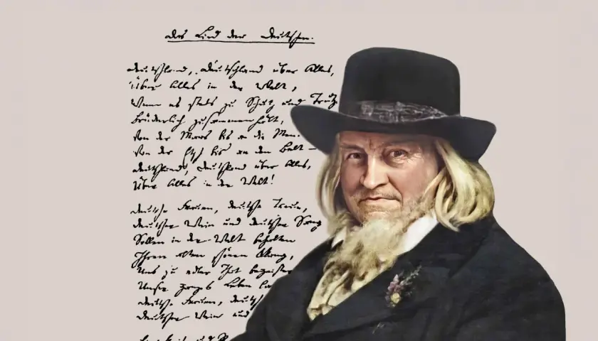 Ein Mann mit Hut und Bart, neben einem Gedicht, das von der Etsch bis an die Memel reicht.