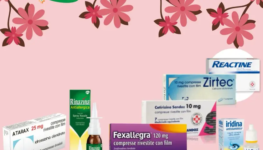 Vari antistaminici per la rinite allergica: Reactine, Zirtec, Fexallegra, Rinazina, Atarax e Iridina.