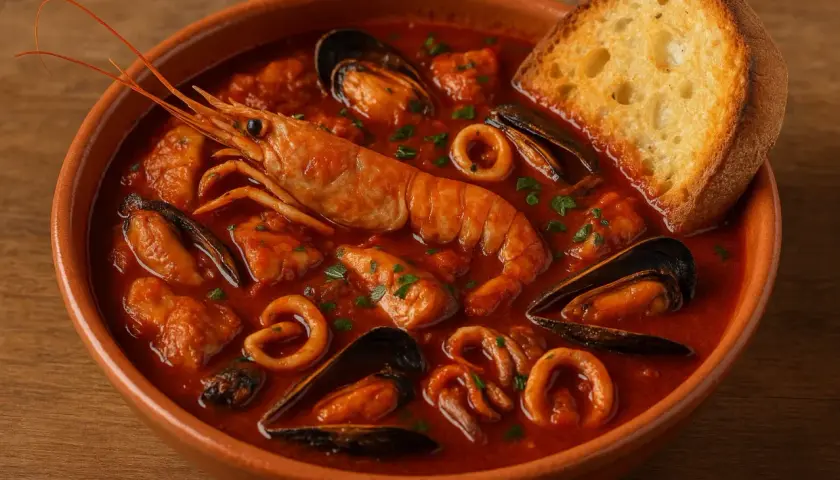 Un invitante cacciucco alla livornese in ciotola di terracotta, con gamberone, cozze, anelli di calamaro e crostino.