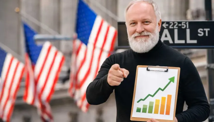 Starszy pan z Wall Street pokazuje wykres wzrostu, zachęcając do inwestowania dla początkujących.