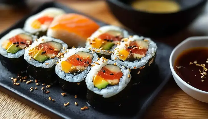 Rolki sushi z łososiem, awokado i mango, posypane sezamem, na czarnym talerzu z sosem sojowym.