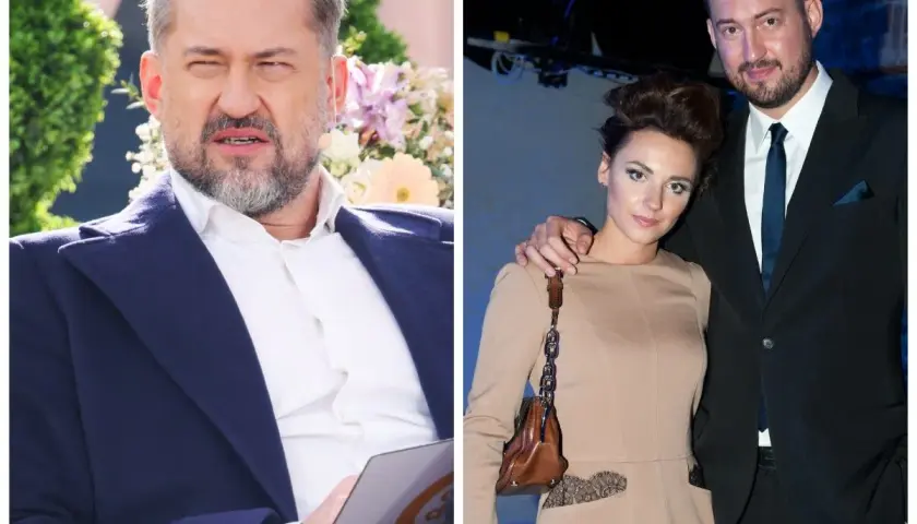 Marcin Prokop z żoną, Katarzyną, na dwóch zdjęciach. On w garniturze, ona w beżowej sukience.