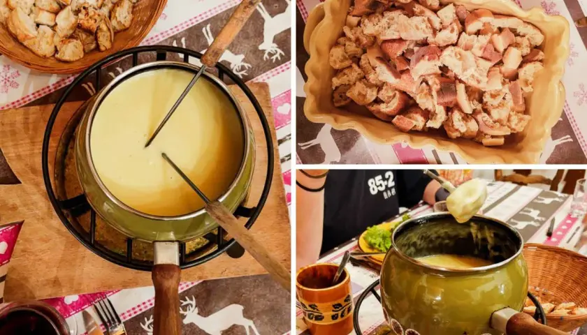 Un régal de fondue 4 fromages, avec des morceaux de pain croustillants prêts à être trempés dans le fromage fondu.