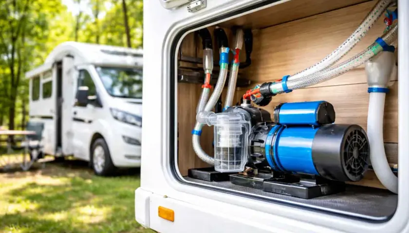 Pompe à eau de camping-car, élément clé pour la durée de vie de votre système. Vue rapprochée du moteur bleu et du filtre transparent.