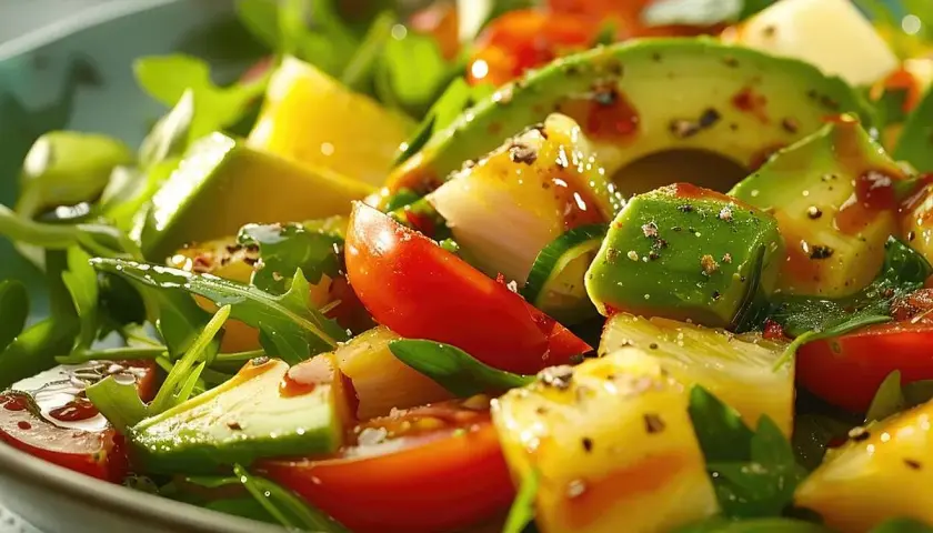 Ensalada de aguacate fresca con tomates, piña y aderezo.
