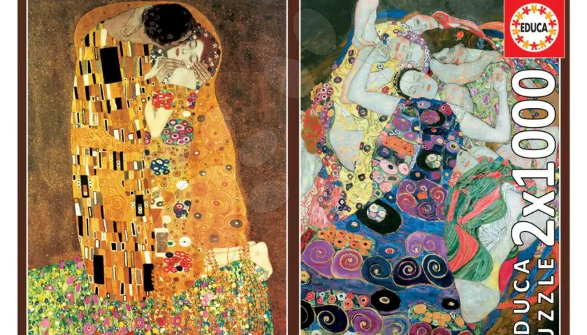 Obraz Gustava Klimta "Pocałunek", najdroższy obraz, na pudełku puzzli.