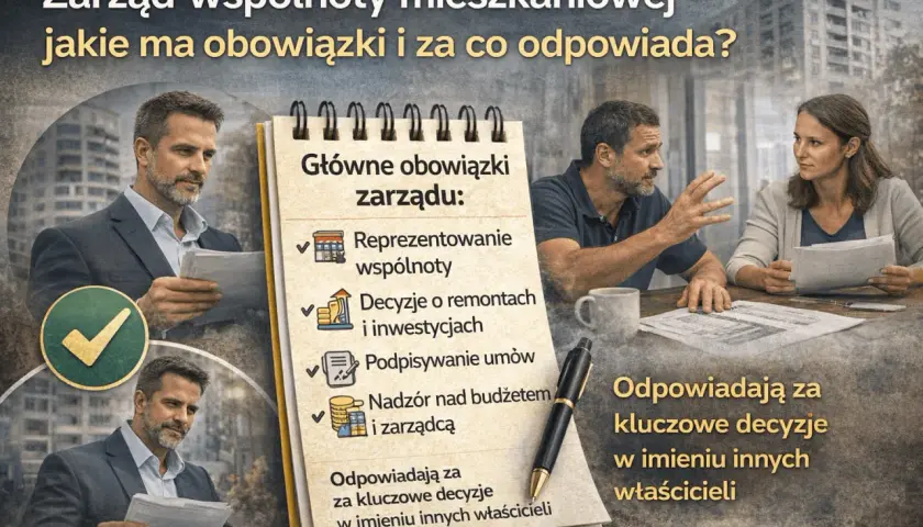 Zarząd wspólnoty mieszkaniowej: główne obowiązki to reprezentowanie, decyzje o remontach, podpisywanie umów, nadzór nad budżetem. Odpowiadają za kluczowe decyzje w imieniu właścicieli.
