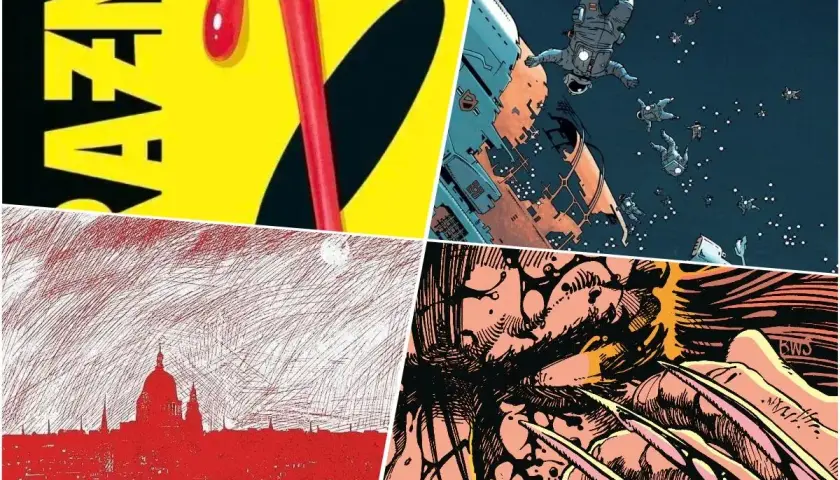 Komiksowe obrazy: żółte tło z czerwonymi kroplami, astronauci spadający w kosmos, czerwona panorama miasta i zbliżenie na postać z pazurami. Wizualna dystopia.