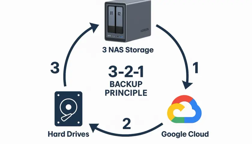Das 3-2-1 Backup-Prinzip: 3 Kopien, 2 Medien (NAS, Festplatten) und 1 Cloud-Speicher.