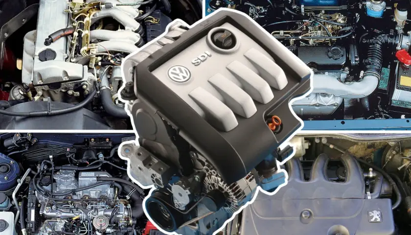 Silnik Volkswagen TDI SDI z widocznymi elementami innych jednostek napędowych.