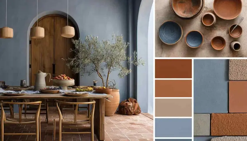Ambiance méditerranéenne avec une table en bois, des chaises rustiques, et une palette de couleurs évoquant la terre cuite et le bleu.