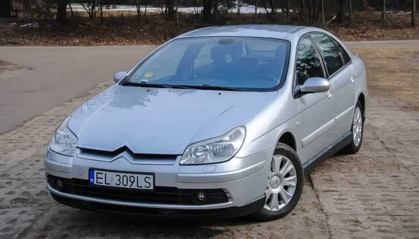 Srebrny Citroen C5 2.0 HDi zaparkowany na drodze leśnej.