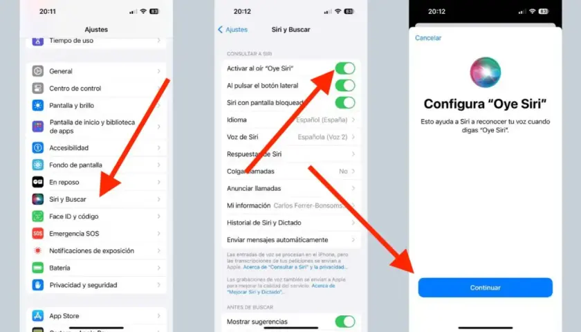 Configura "Oye Siri" en Ajustes. Activa la opción para que Siri te escuche y reconozca tu voz.