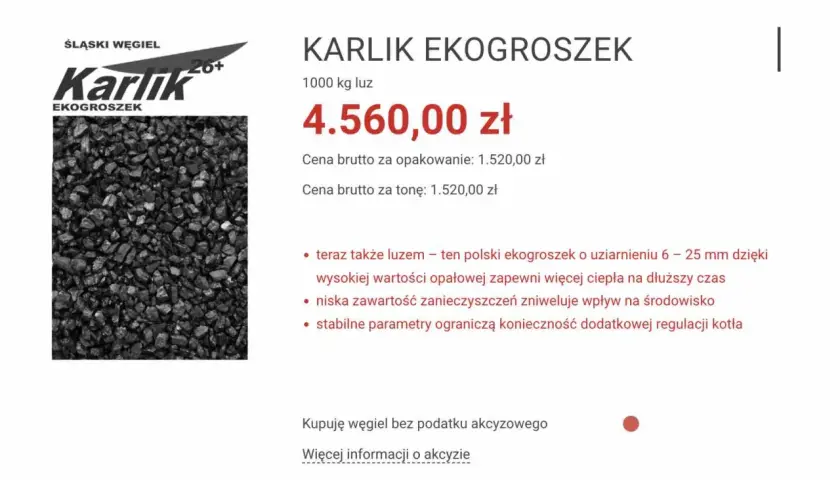Karlik ekogroszek – polski węgiel o wysokiej wartości opałowej. Czy lepszy od Pieklorza? Sprawdź cenę i parametry.