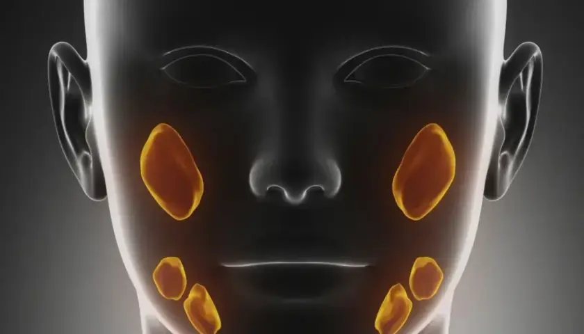 Anatomia twarzy z zaznaczonymi śliniankami. Widoczne są gruczoły przyuszne nad żuchwą i podżuchwowe pod nią.