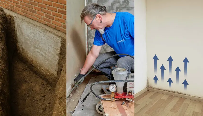 Schutz vor Wasser im Keller: Baugrube, Injektionsverfahren gegen Feuchtigkeit und Schimmelbildung an der Wand.