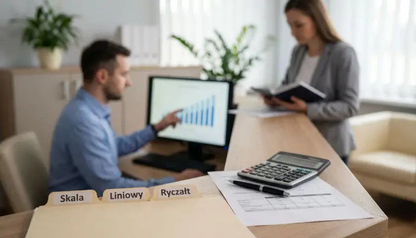 Mężczyzna analizuje wykres na monitorze, obok folder z napisem "Liniowy". Kobieta czyta dokument.