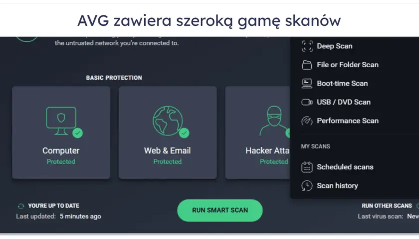 Interfejs AVG oferuje różne opcje skanowania, w tym głębokie, plikowe, rozruchowe i USB. To dobry **test antywirusów**.