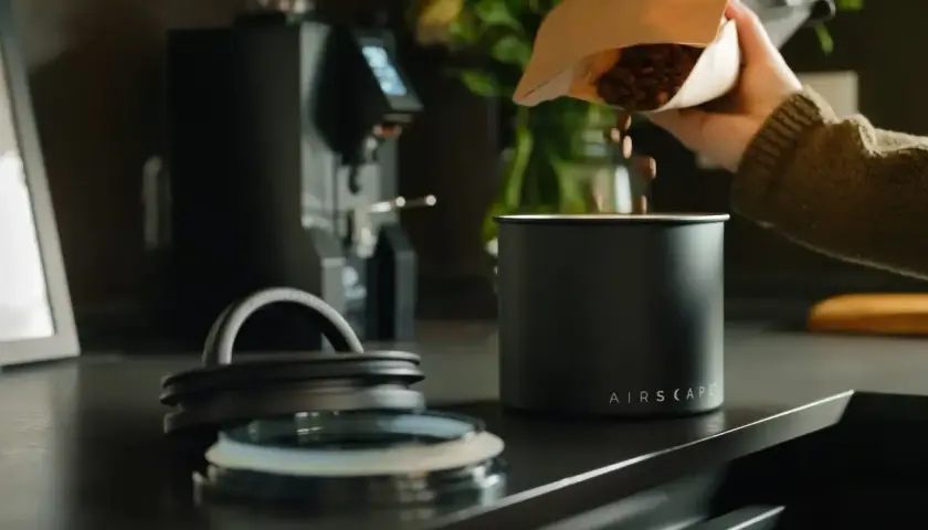 Frische Kaffeebohnen werden in einen Airscape Behälter geschüttet, bereit für die perfekte Kaffee-Infusion.