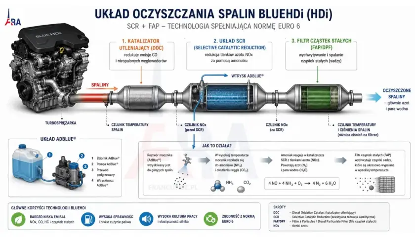 Schemat układu oczyszczania spalin w silniku 1.9 TDI BlueHDi: katalizator DOC, SCR z wtryskiem AdBlue i filtr FAP.